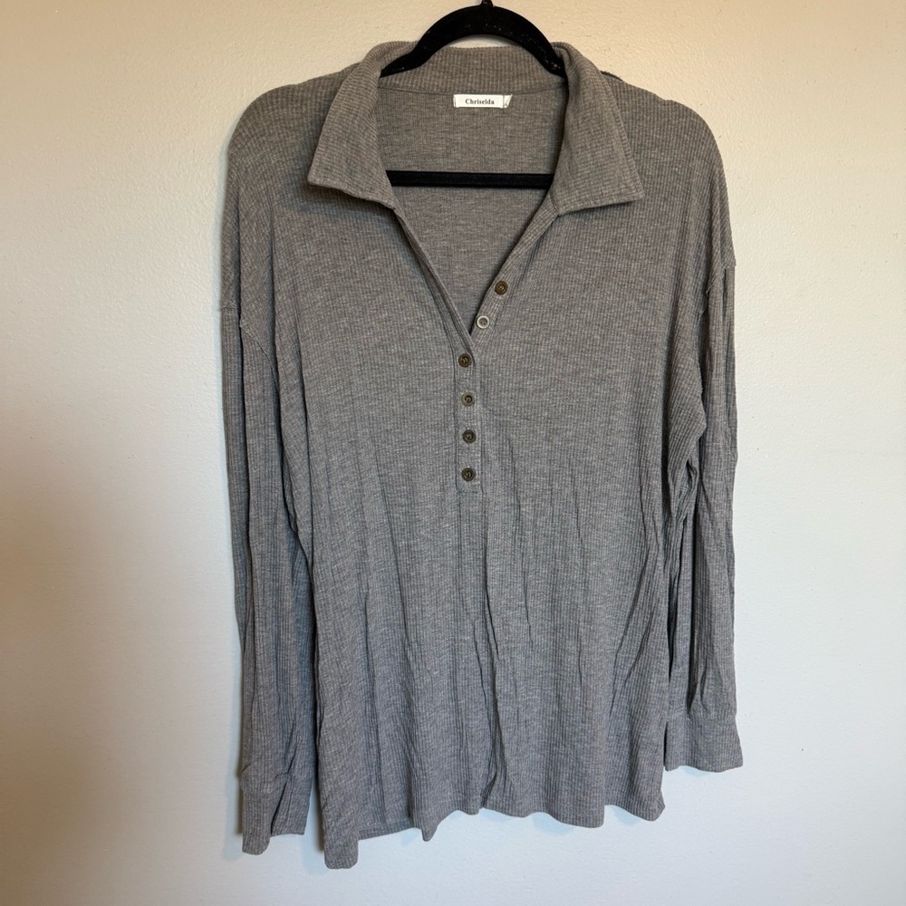Chriselda Long Sleeve Ribbed Henley Tunic Top Sexy V Neck T Shirt L Dark Grey - Picture 2 of 7